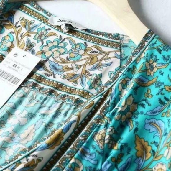 Boho Floral Gypsy Print Short Button Up Dress Blue - Picture 7 of 8